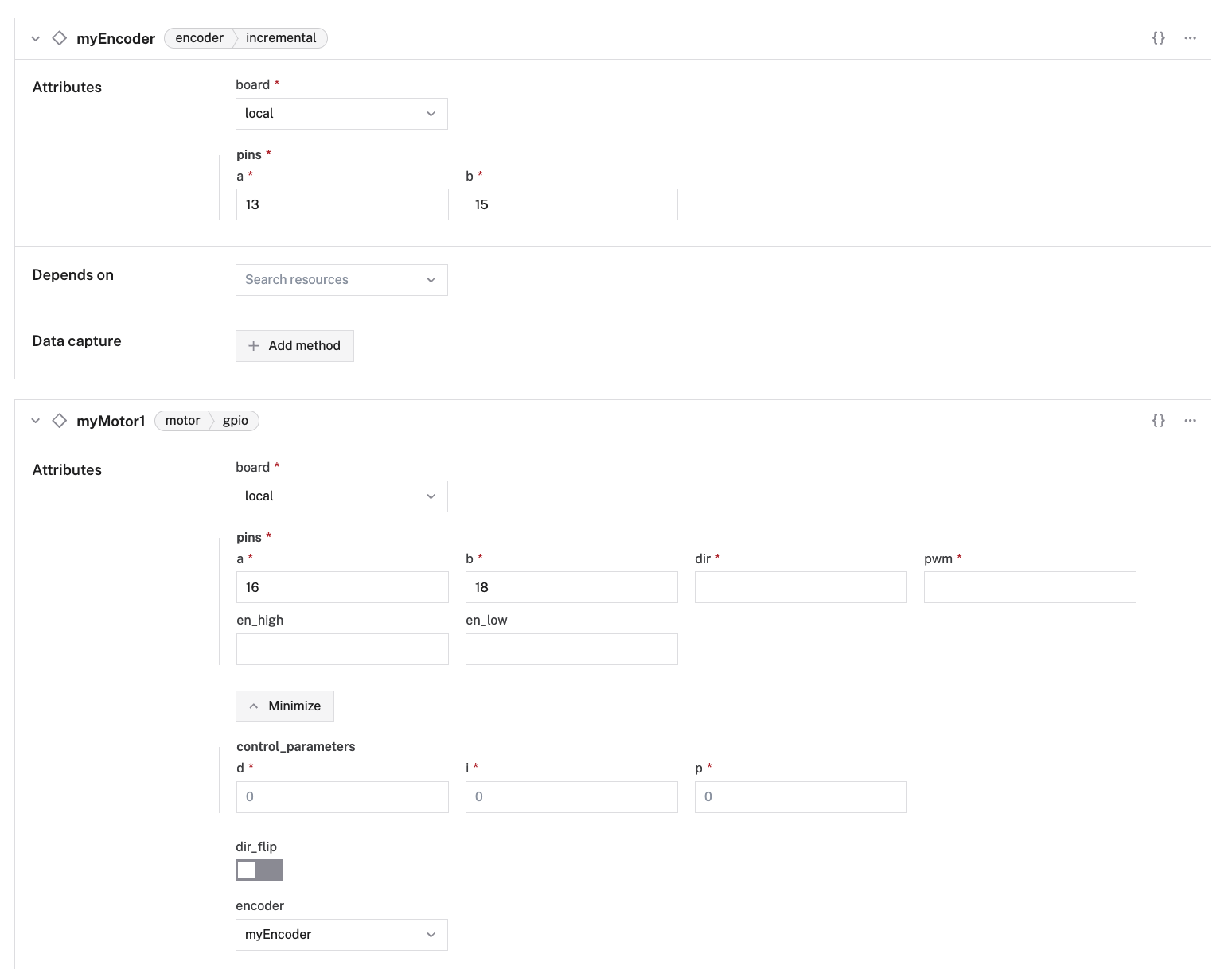 An encoded motor config in the Viam app UI.